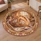 Round rug with scored sourdough loaf, wooden spoon, flour swirl and golden wheat border in a warm kitchen.