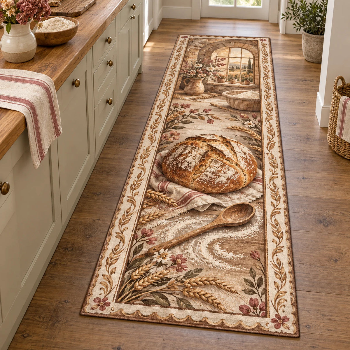 Long kitchen runner with wooden spoon foreground, sourdough loaf, wheat rails and a distant bakery window.