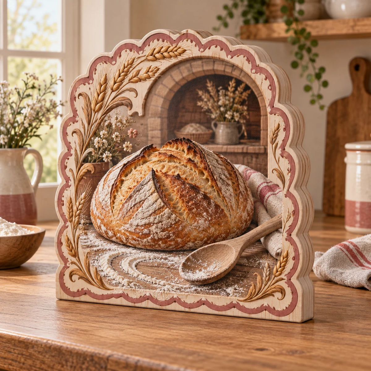 Three-layer wooden block with sourdough loaf, wooden spoon and wheat details in a muted rose scalloped arch.