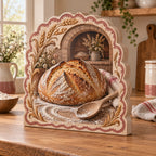 Three-layer wooden block with sourdough loaf, wooden spoon and wheat details in a muted rose scalloped arch.