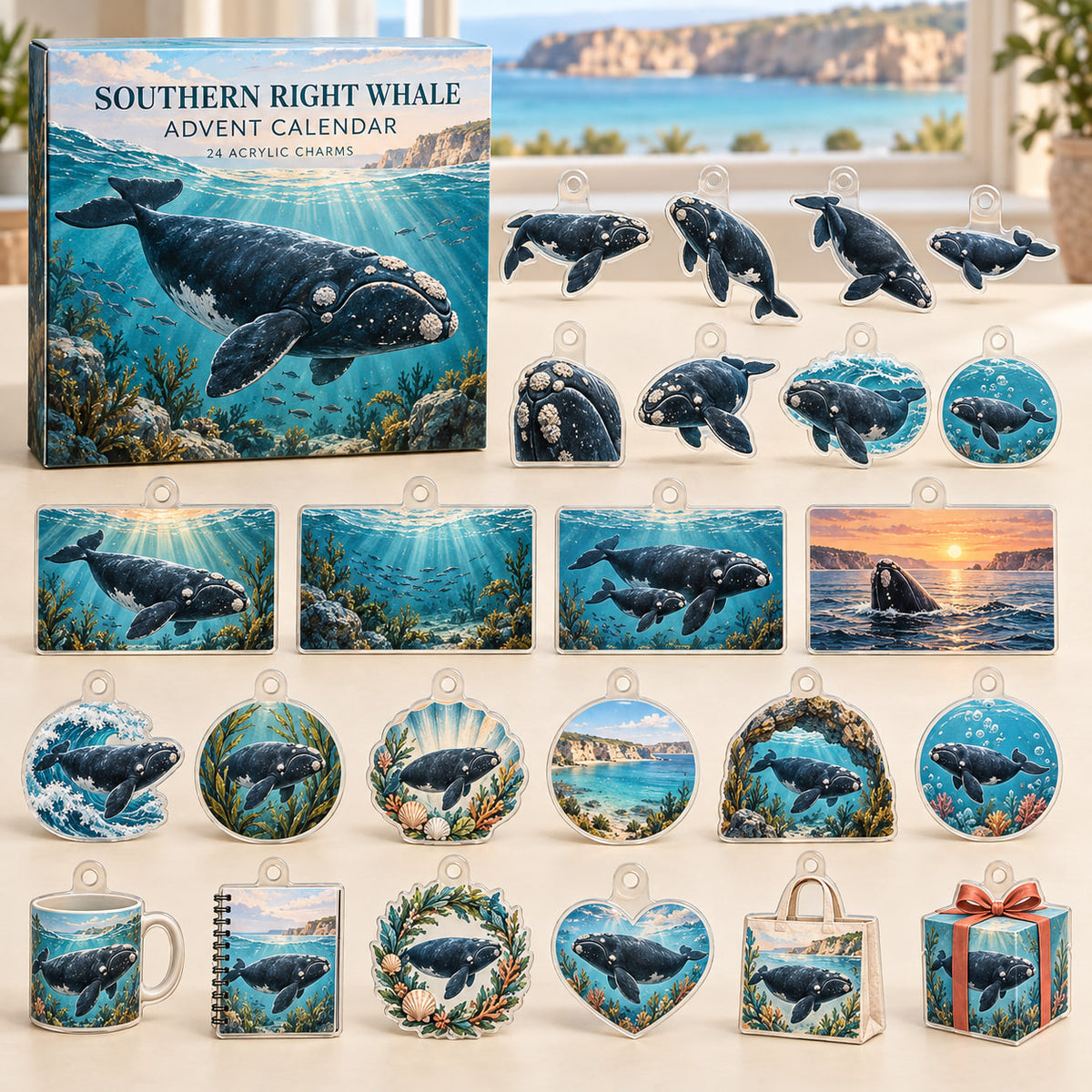 Southern Right Whale advent calendar box with 24 themed flat printed acrylic charms