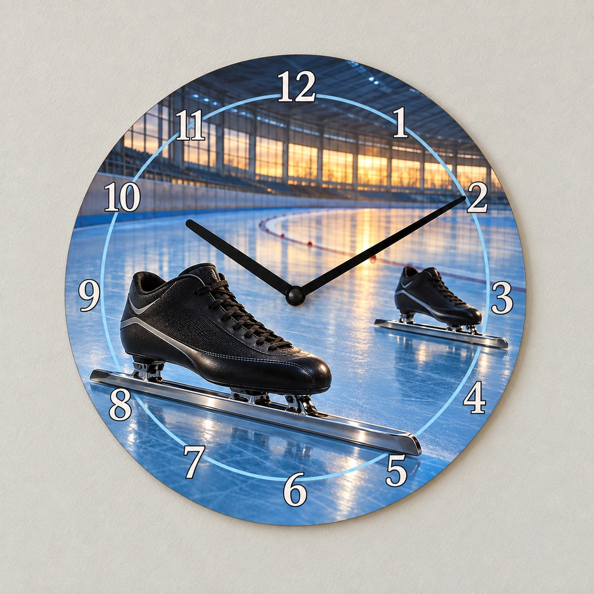 Speed Skating Ice Oval Wooden Wall Clock with original printed optical 3D artwork