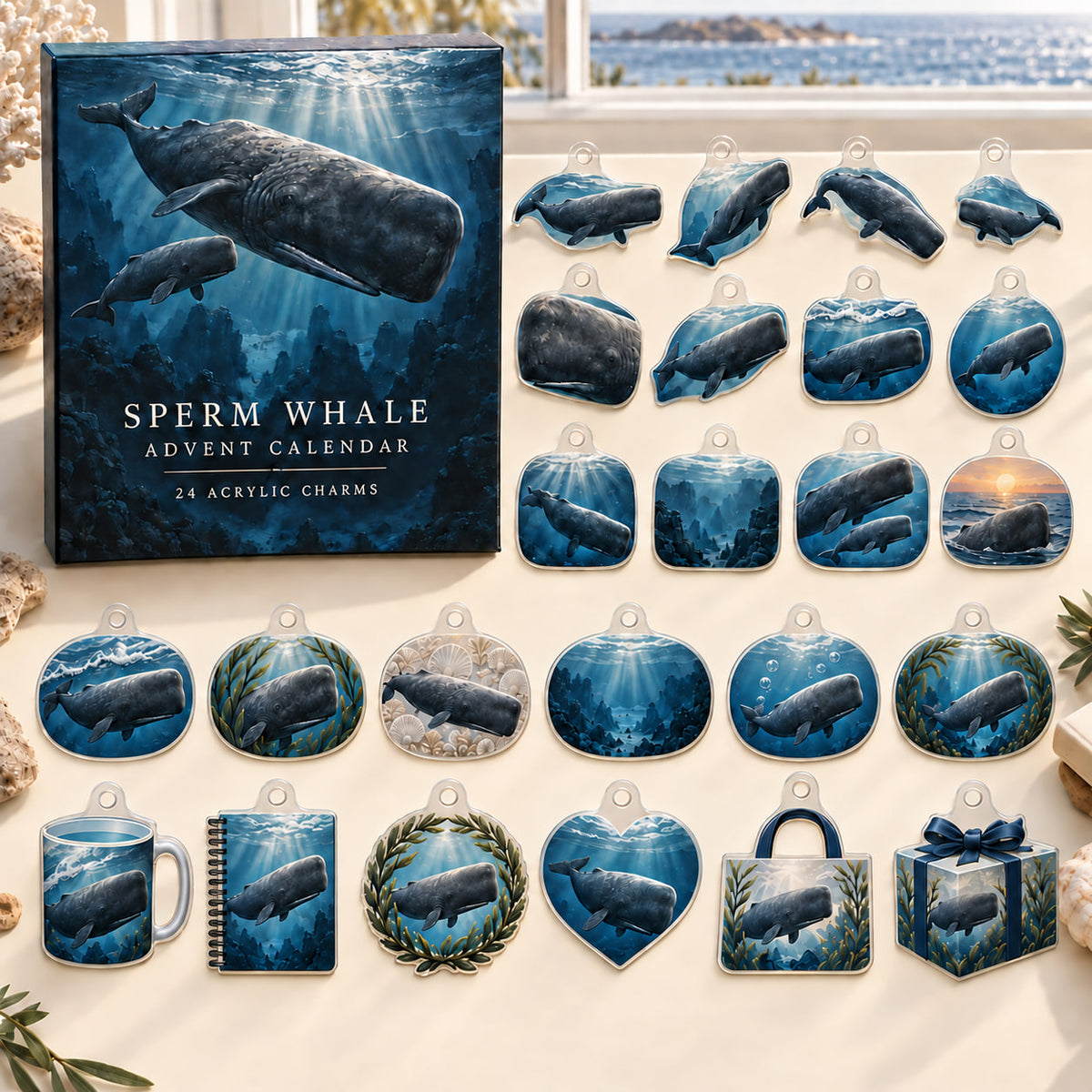 Sperm Whale advent calendar box with 24 themed flat printed acrylic charms