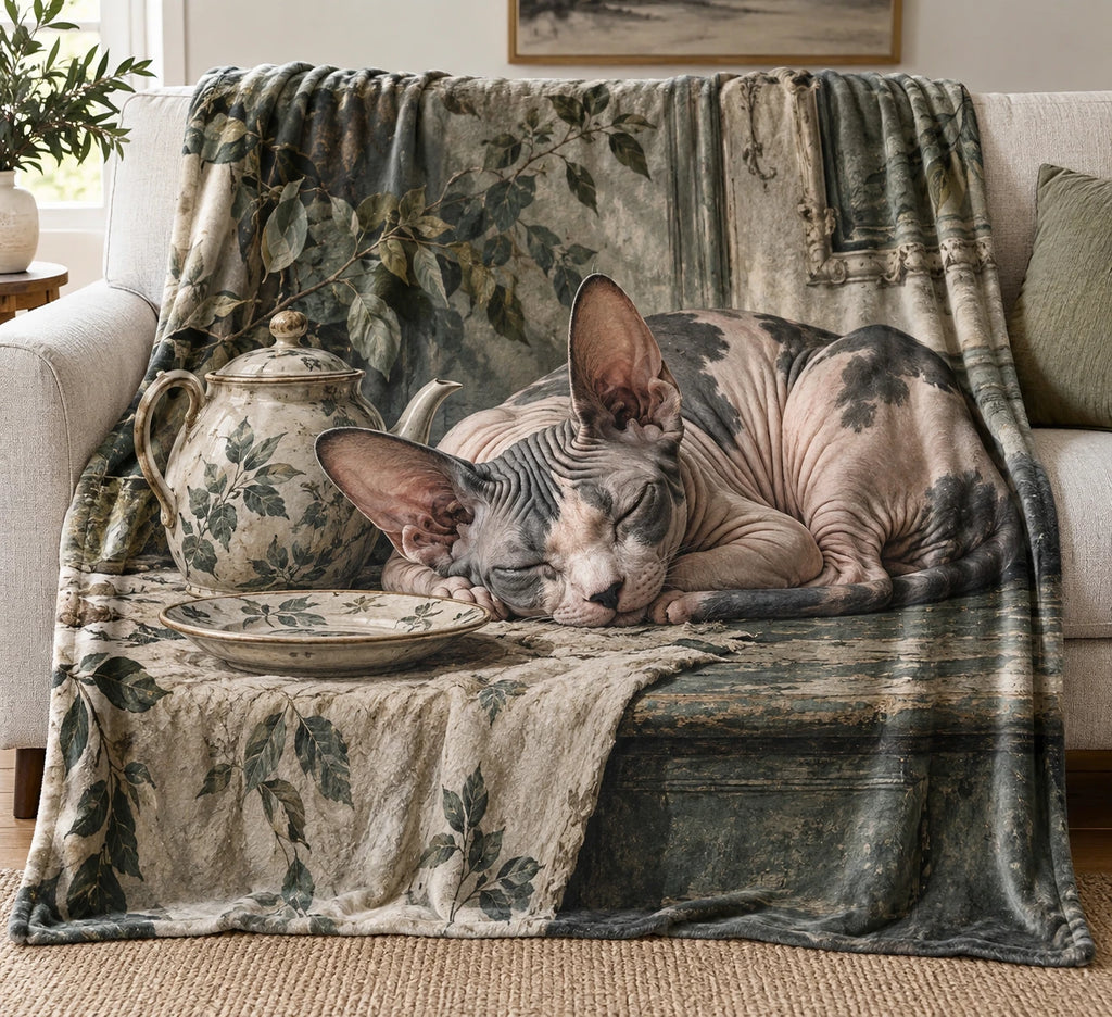 Sphynx Cat Teacup Afternoon Fleece Blanket with printed dimensional artwork