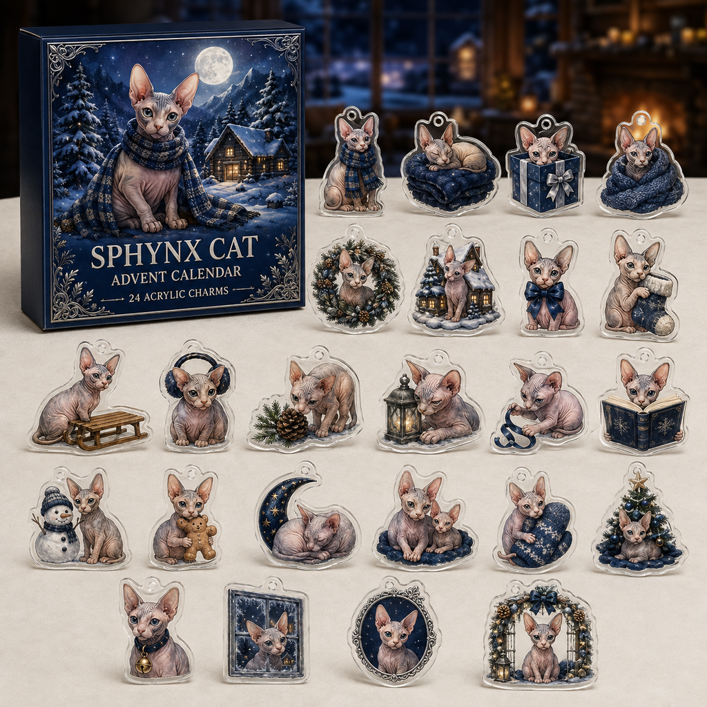 Sphynx Cat advent calendar box and full set of 24 illustrated acrylic charms on a light tabletop