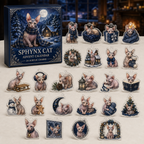 Sphynx Cat advent calendar box and full set of 24 illustrated acrylic charms on a light tabletop