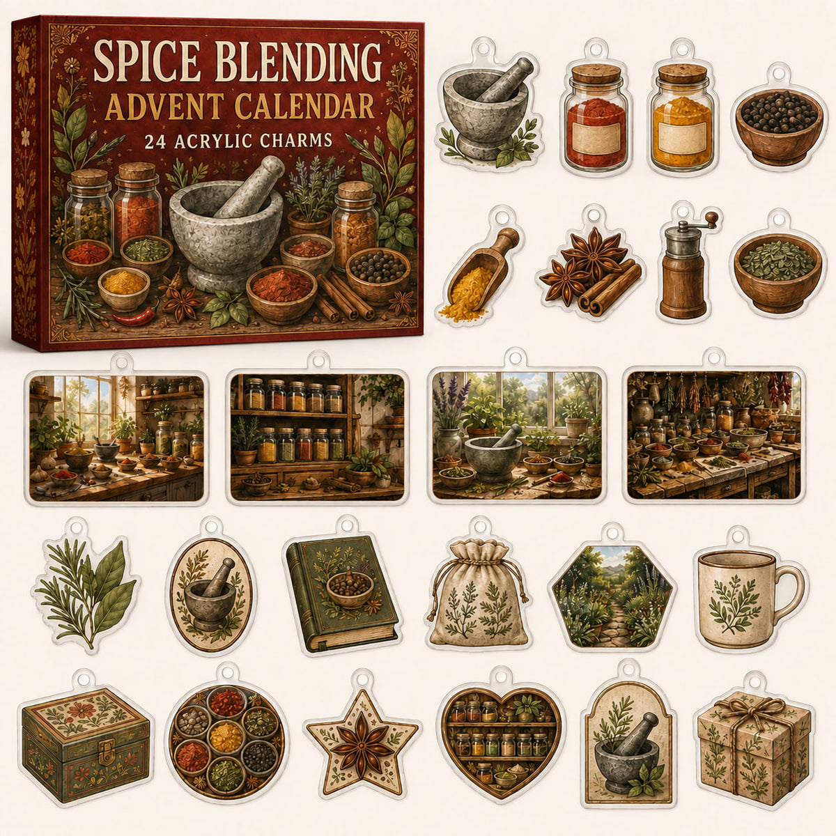 Spice Blending advent calendar box with24 kitchen-themed printed acrylic charms