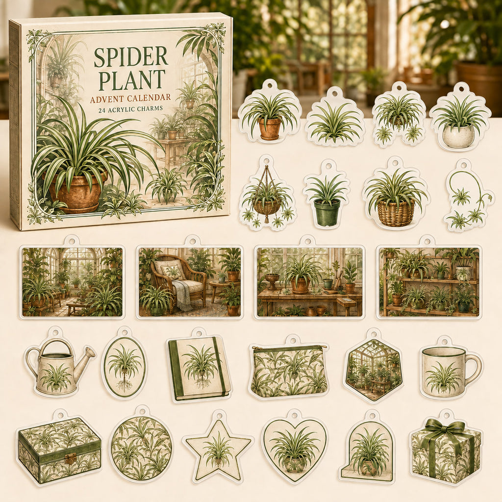 Spider Plant advent calendar box and 24 botanical-themed printed acrylic charms