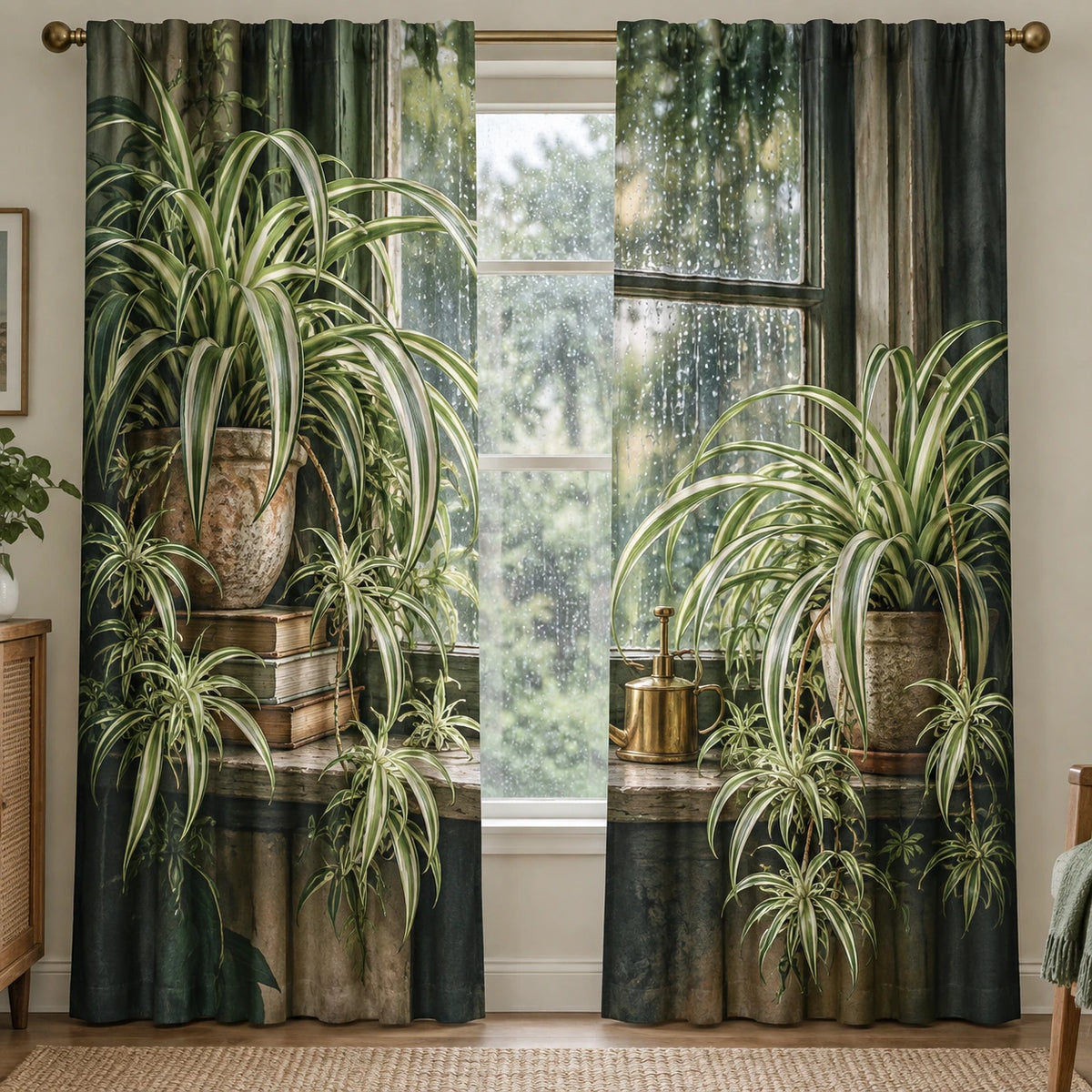 Spider Plant Rainy Window Window Curtains with printed dimensional artwork