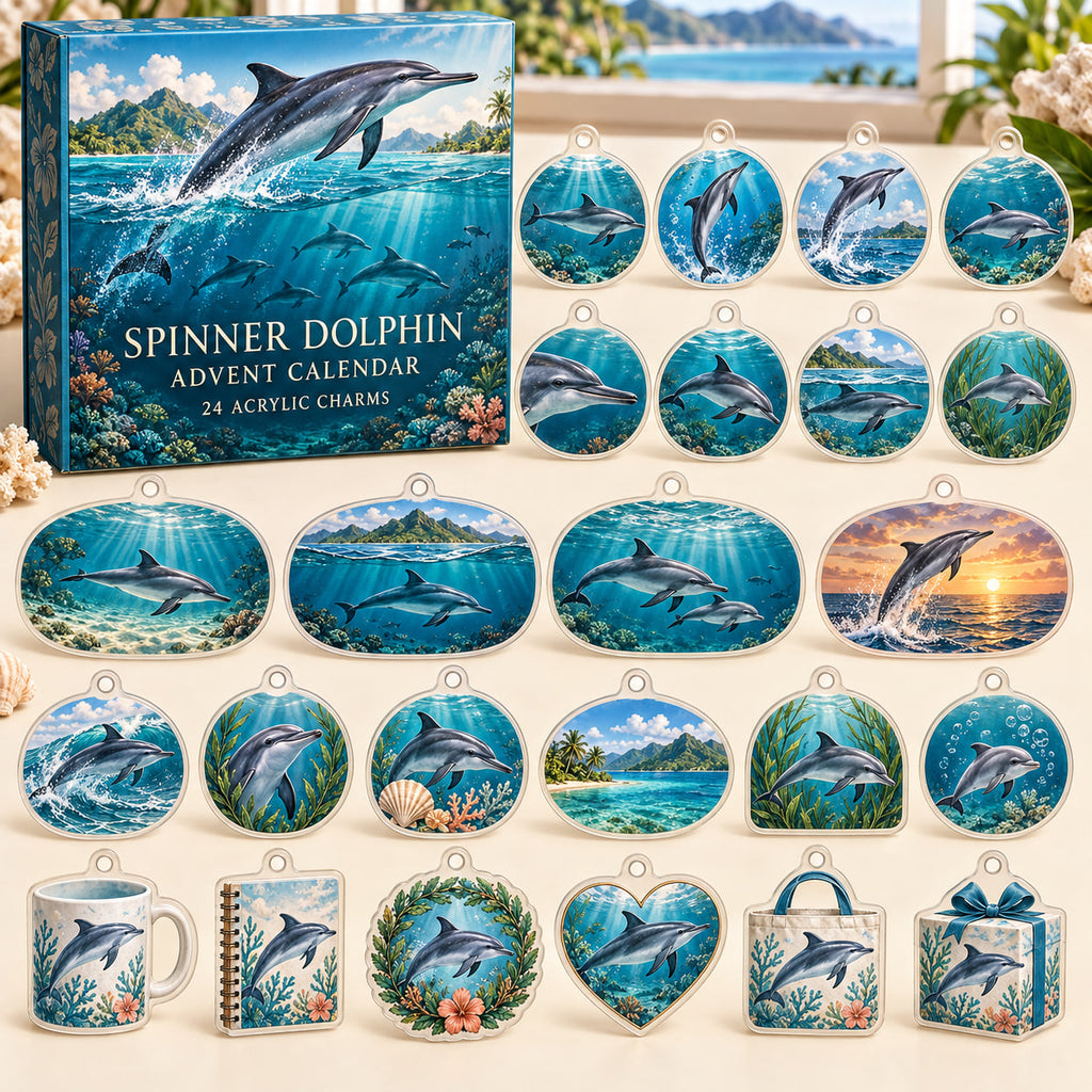 Spinner Dolphin advent calendar box with 24 themed flat printed acrylic charms