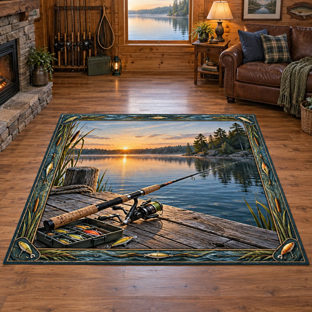 Full rectangle; coherent spinning reel beneath rod, dock foreground, misty lake and lure border.