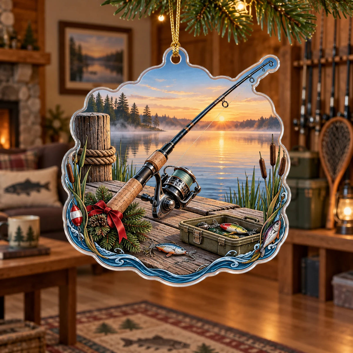 Supported gold cord and thin rim; rod tip follows outline, opaque lake scene and red bow accent.