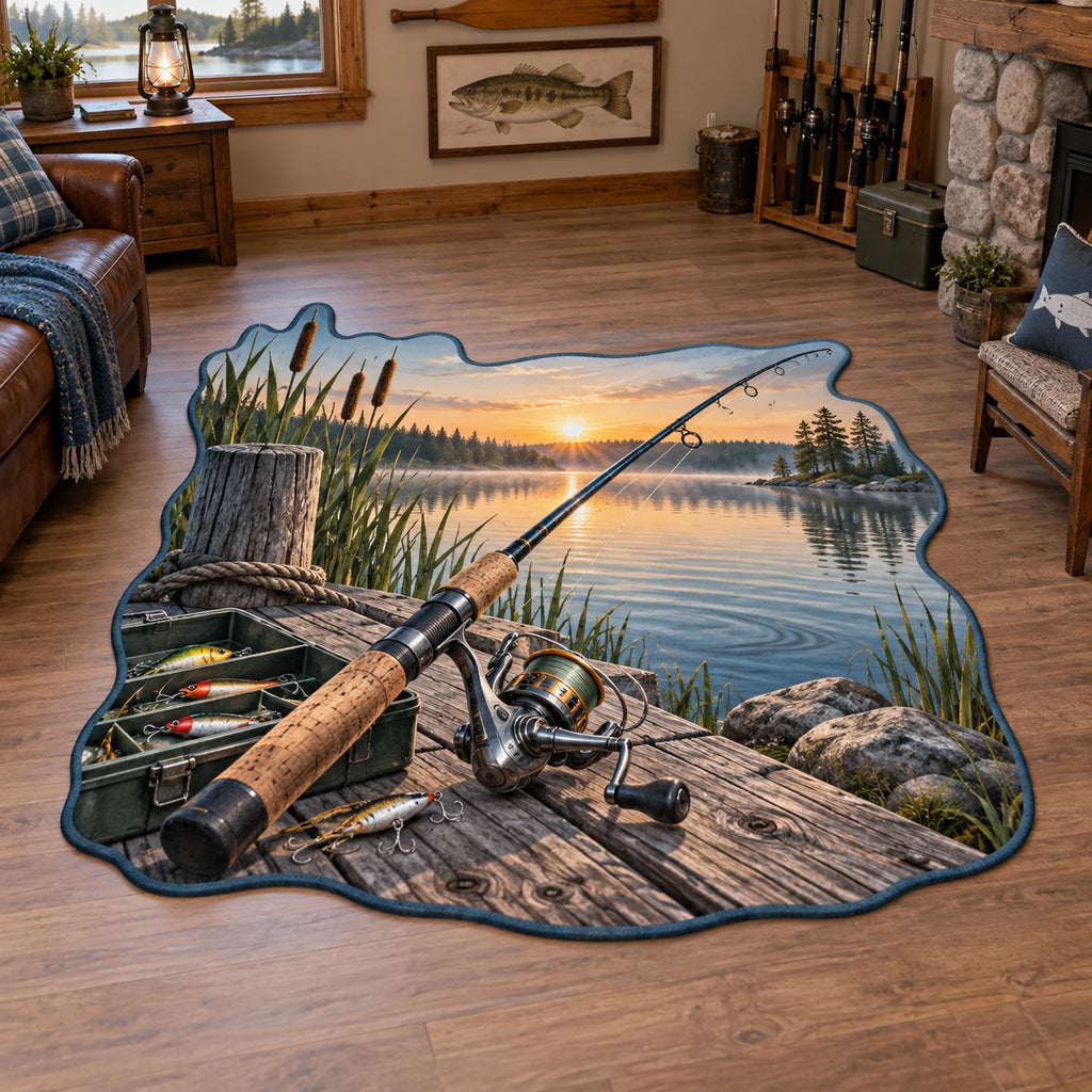 Full irregular blue outline; spinning reel, tackle box and dock overlap calm dawn lake.