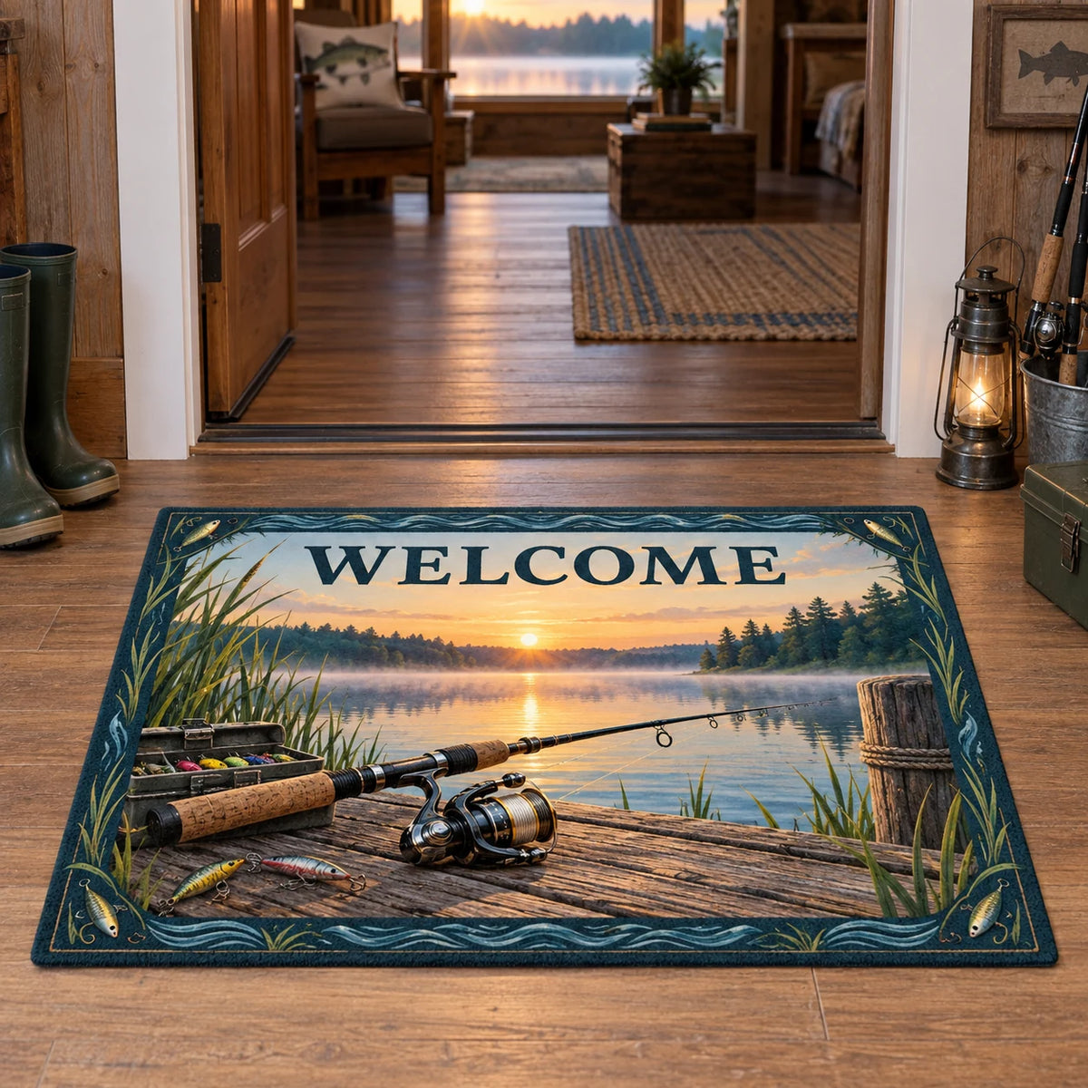 Correct WELCOME and full rectangle; spinning rod on dock with dawn lake and reed border.