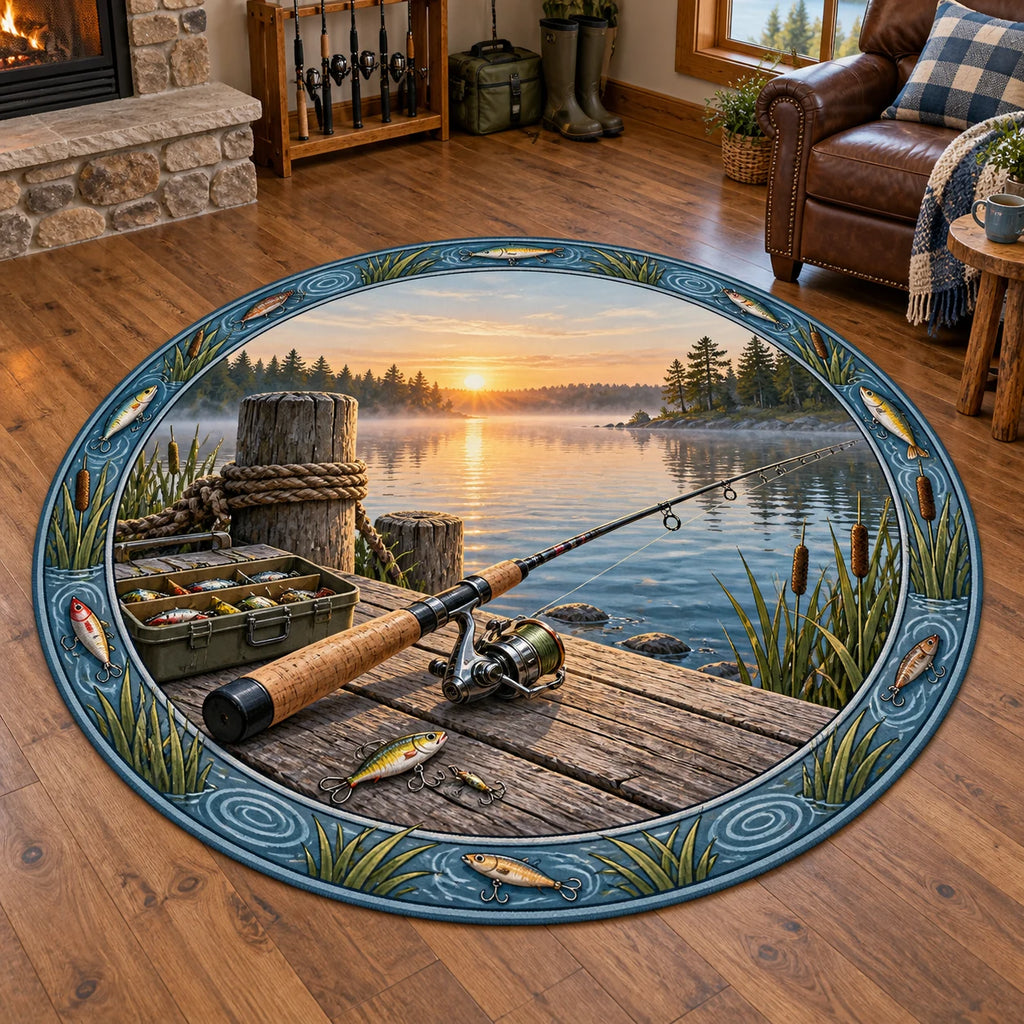 Full round outline; spinning rod and reel, tackle box and dawn lake inside lure and reed ring.