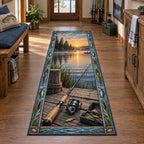 Entire long outline; rod and tackle lead from wooden dock toward dawn lake and distant small boat.
