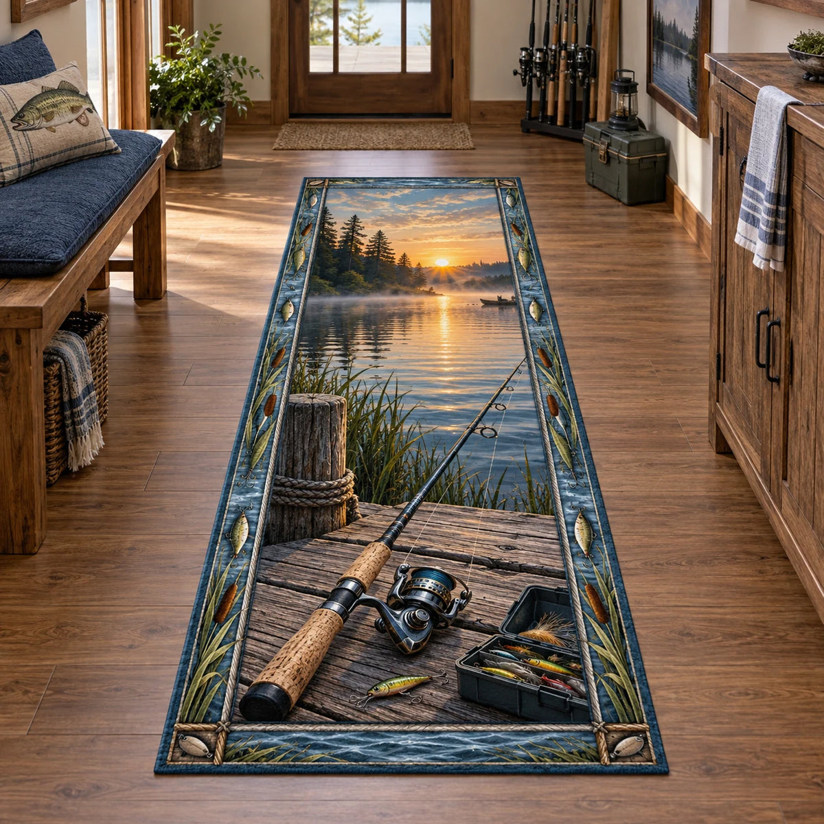 Entire long outline; rod and tackle lead from wooden dock toward dawn lake and distant small boat.