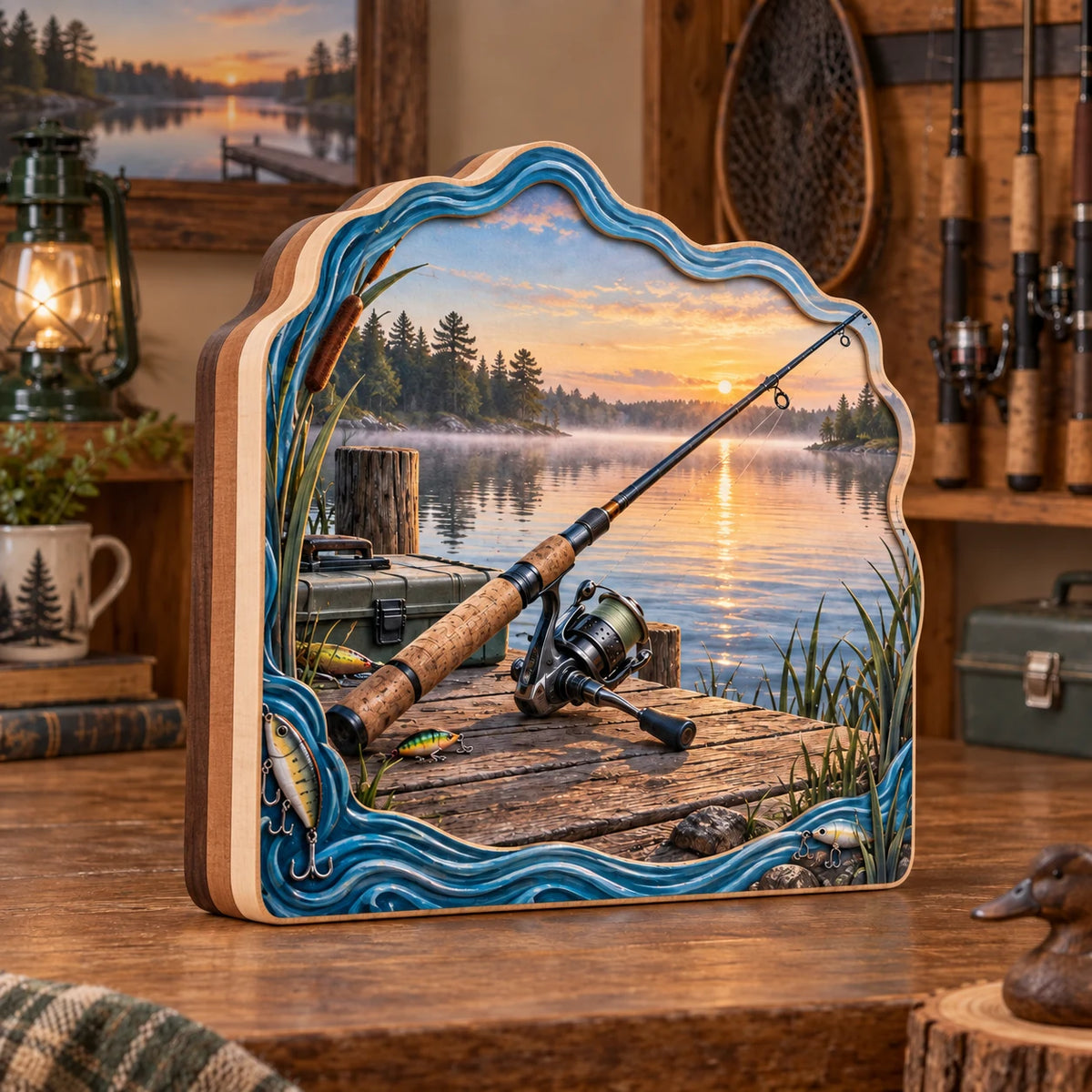 Revised exactly three broad wood slabs, stable base, continuous fishing print and blue wave frame.