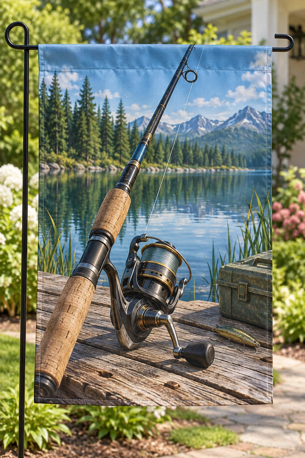 Spinning Rod Pine Reflection Garden Flag with printed dimensional artwork