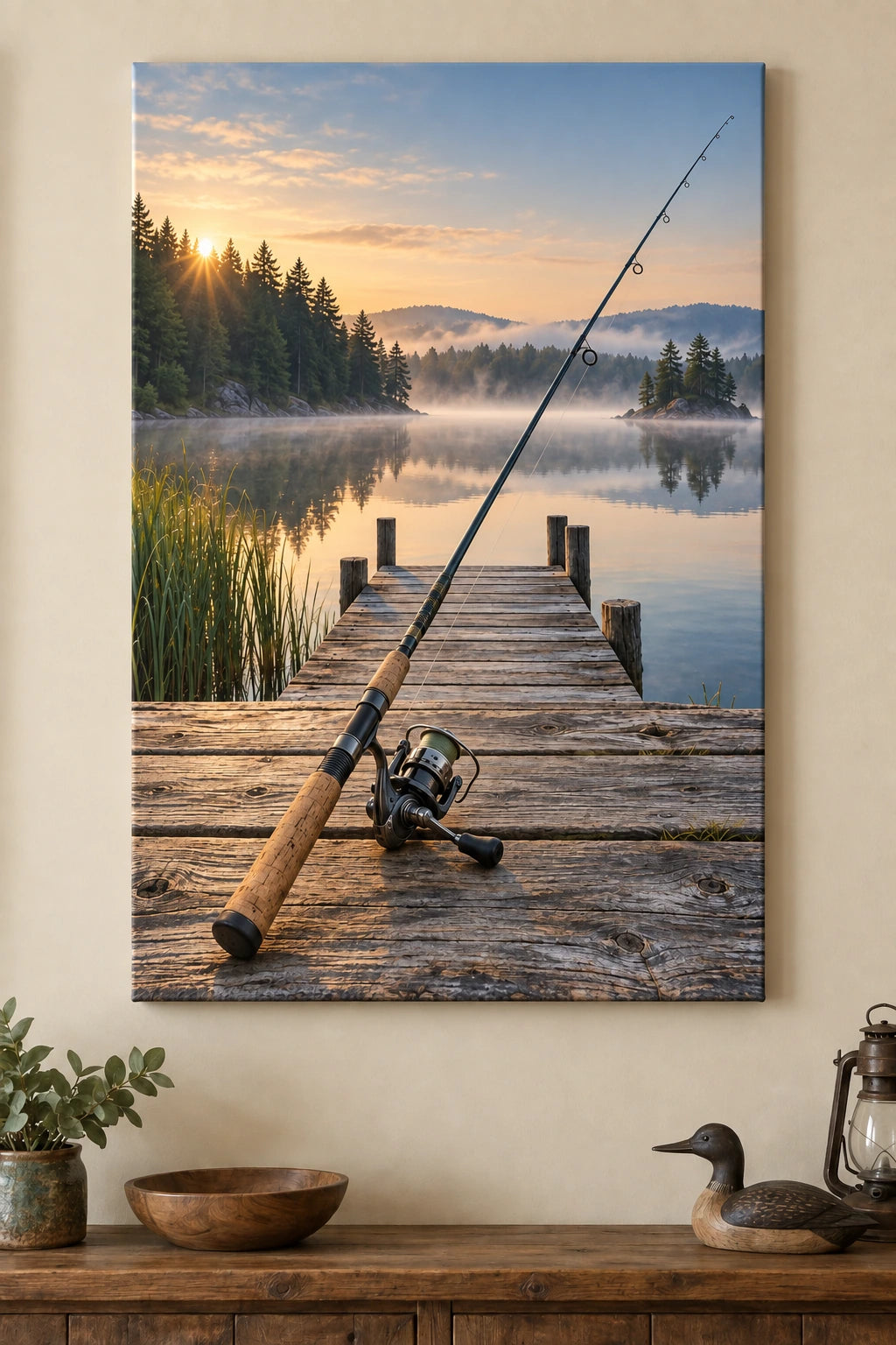 Spinning rod and reel on dawn pier, flat printed optical-depth canvas.