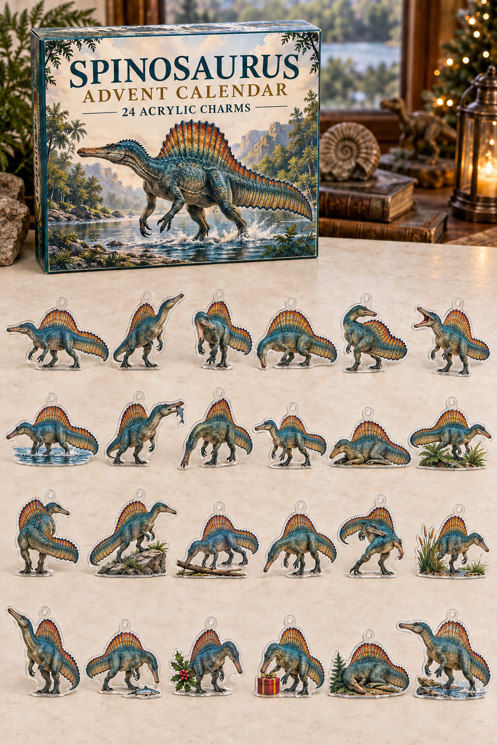 Spinosaurus advent calendar with 24 custom-shaped flat acrylic charms and printed dimensional artwork