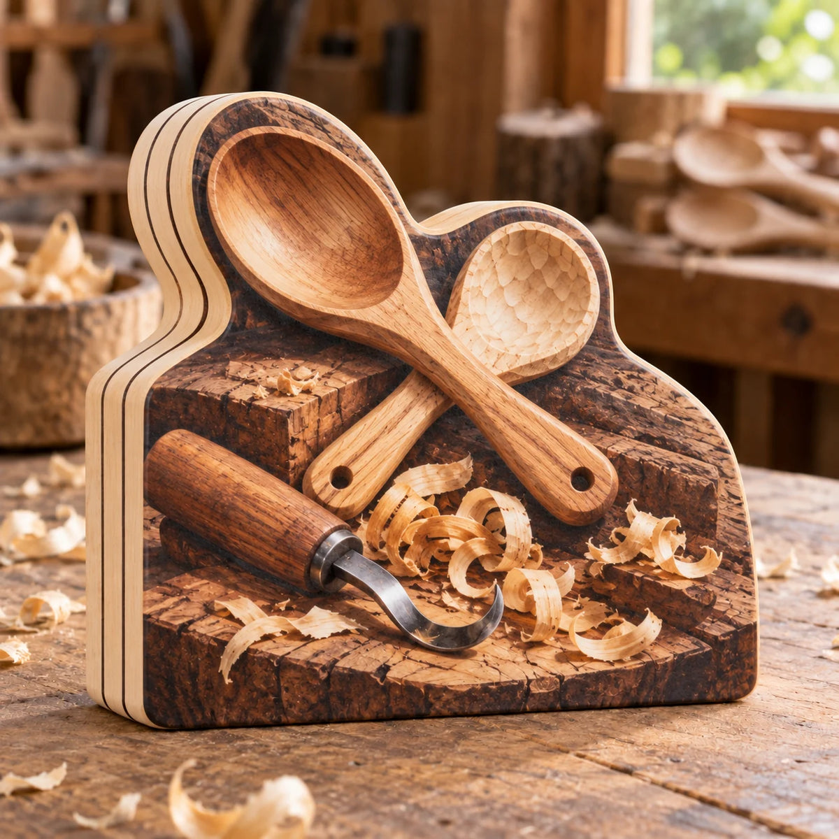 Spoon Carving Craft Bench Wooden Block 3 Layer with printed optical 3D artwork