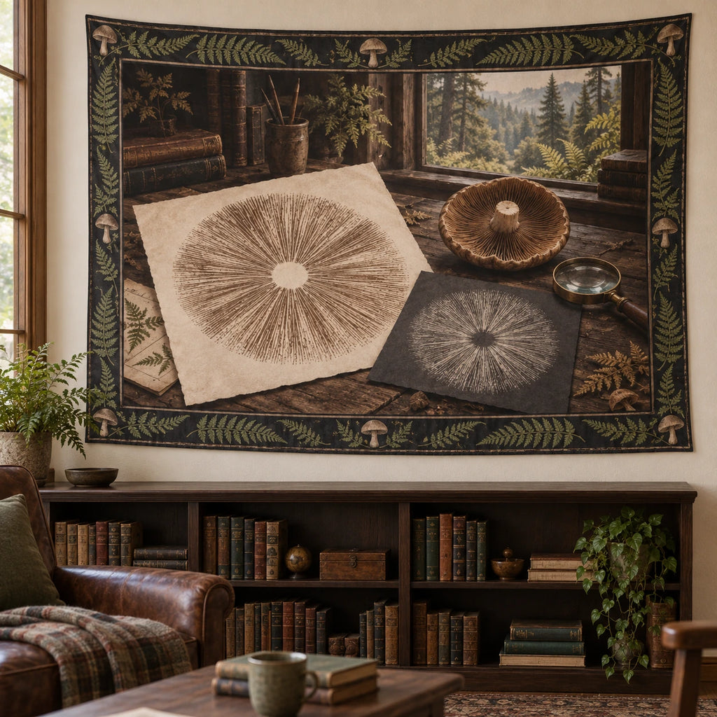 Spore Print Study Wall Tapestry with original printed optical 3D artwork