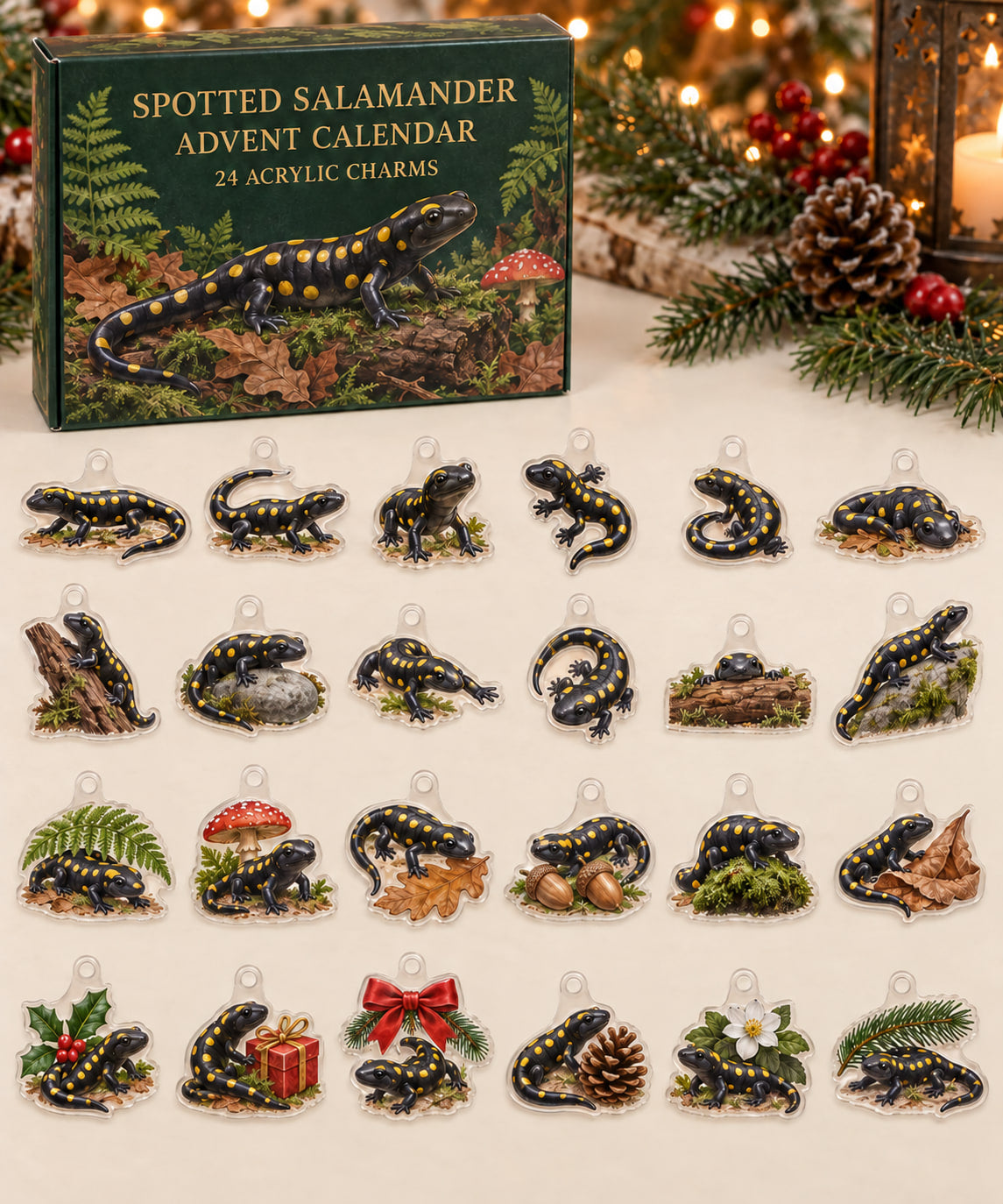 Spotted Salamander advent calendar with 24 custom-shaped flat acrylic charms and printed dimensional artwork