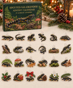 Spotted Salamander advent calendar with 24 custom-shaped flat acrylic charms and printed dimensional artwork