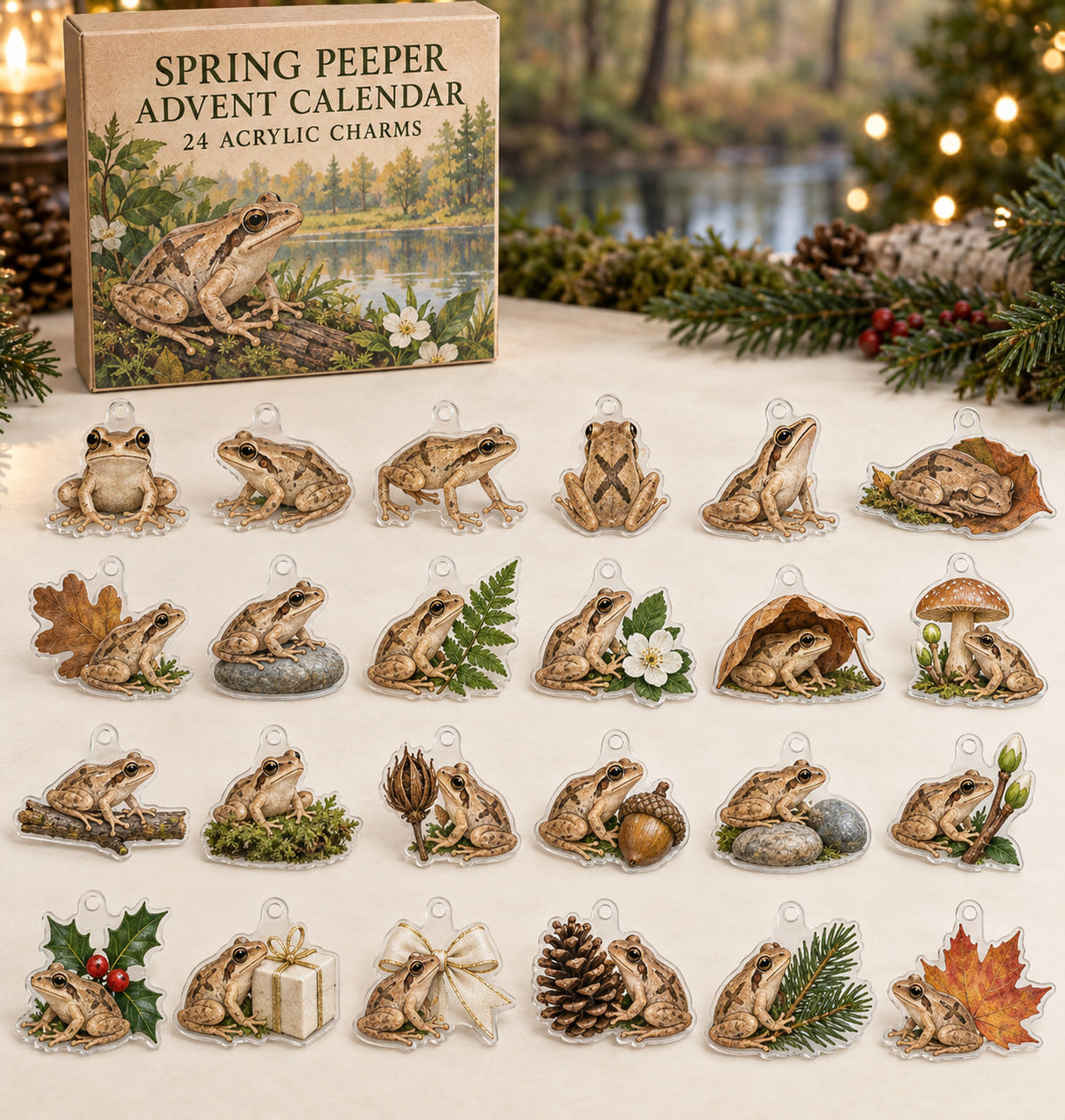 Spring Peeper advent calendar with 24 custom-shaped flat acrylic charms and printed dimensional artwork
