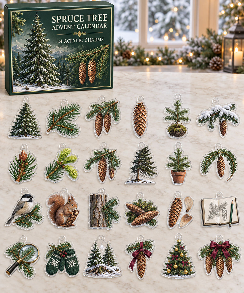 Spruce Tree advent calendar with 24 custom-shaped flat acrylic charms and printed dimensional artwork