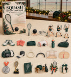 Squash advent calendar with 24 custom-shaped flat acrylic charms and printed dimensional artwork