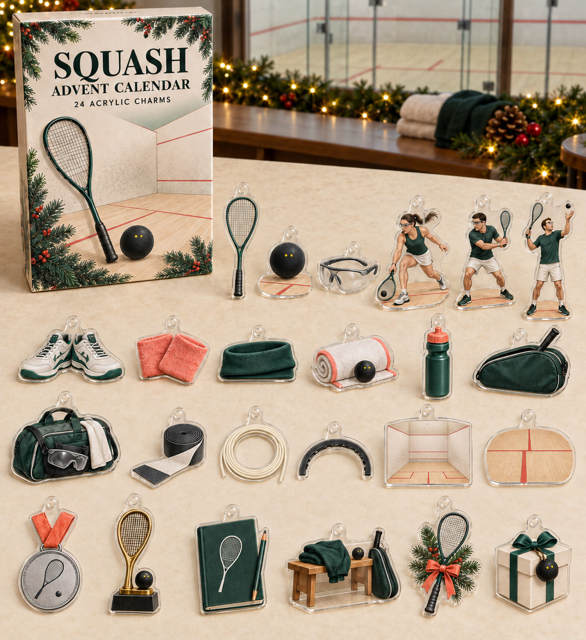 Squash advent calendar with 24 custom-shaped flat acrylic charms and printed dimensional artwork