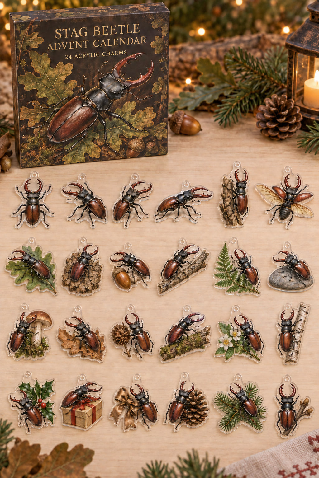 Stag Beetle advent calendar with 24 custom-shaped flat acrylic charms and printed dimensional artwork