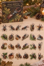 Stag Beetle advent calendar with 24 custom-shaped flat acrylic charms and printed dimensional artwork