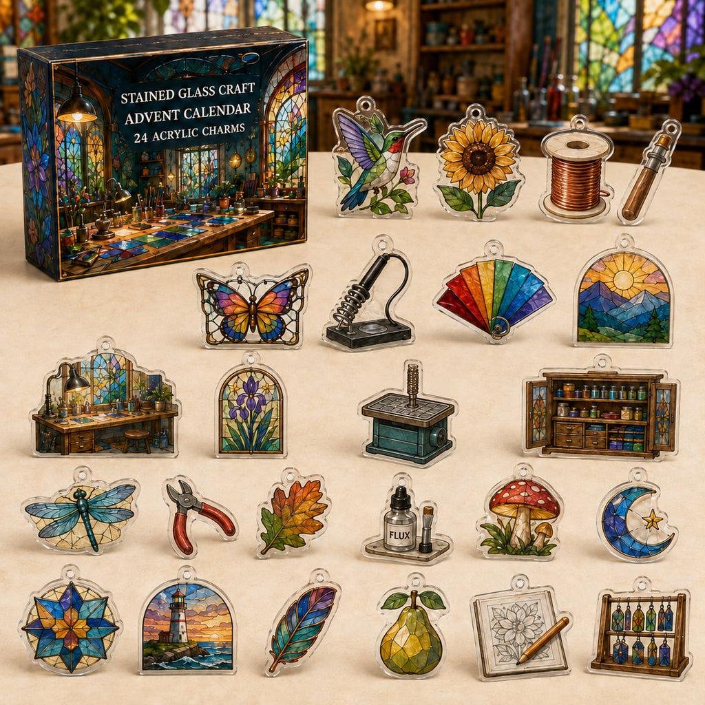 Stained Glass Craft advent calendar box and 24 different printed acrylic charms in a themed studio