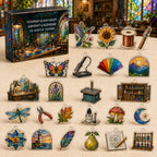Stained Glass Craft advent calendar box and 24 different printed acrylic charms in a themed studio