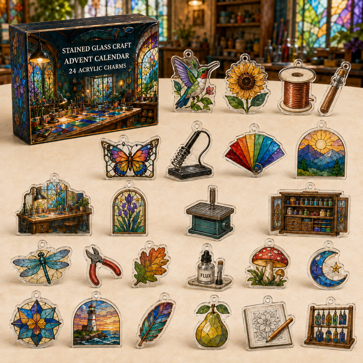 Stained Glass Craft advent calendar box and 24 different printed acrylic charms in a themed studio