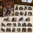 Standard Schnauzer advent calendar box and 24 illustrated acrylic charms displayed on an ivory tabletop in a winter setting