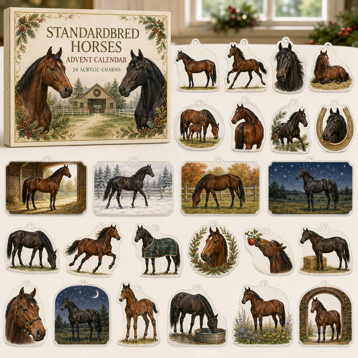 Standardbred Horse advent calendar box with 24 separate printed acrylic horse charms