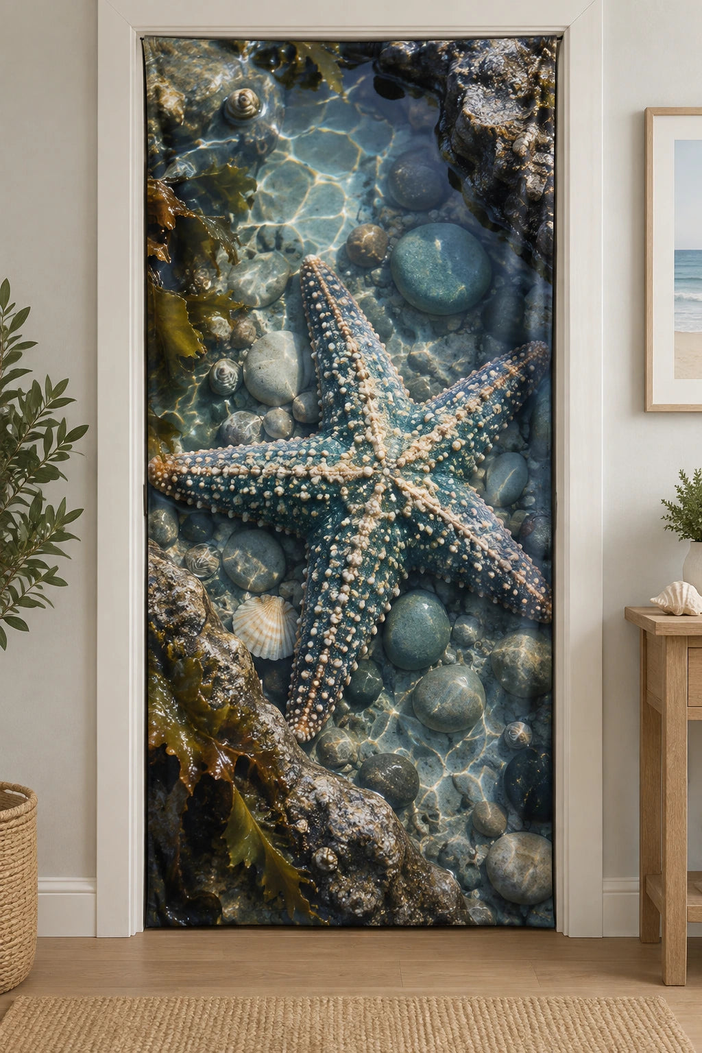 Starfish Tidepool Window Fabric Door Cover with printed dimensional artwork
