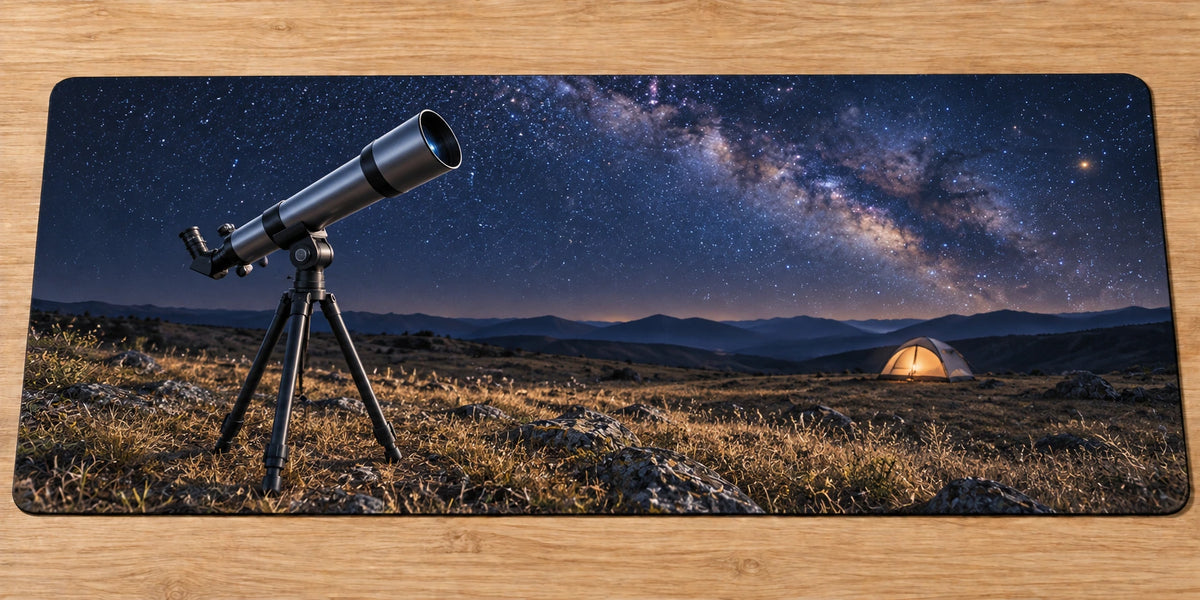 Stargazing Camp Dark Sky Desk Mat with printed telescope and distant campsite depth