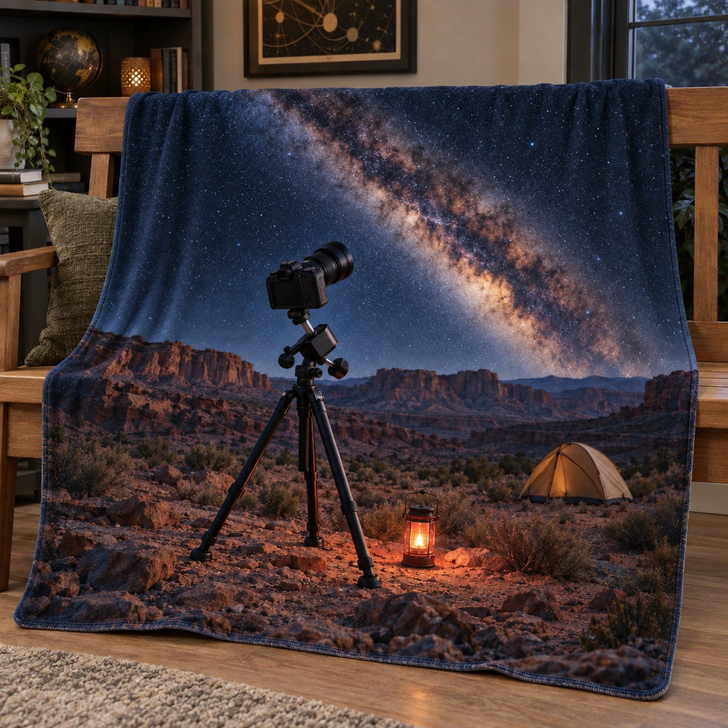 Camera on a tracking mount at a Milky Way campsite printed on fleece.