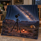 Camera on a tracking mount at a Milky Way campsite printed on fleece.