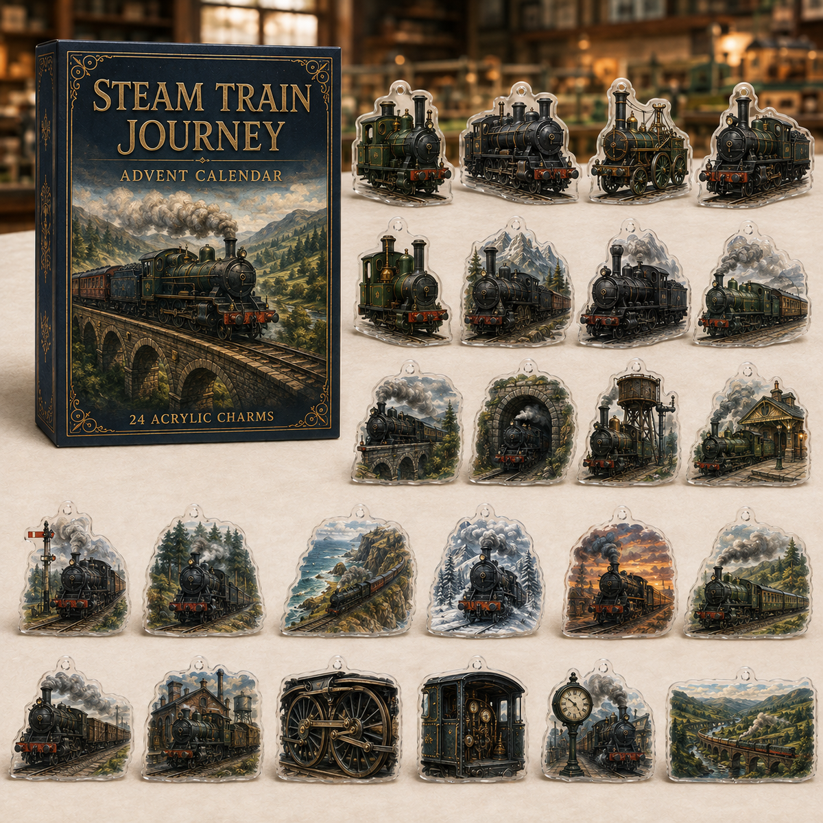 Steam Train Journey advent calendar gift box with 24 illustrated acrylic charms arranged on a light tabletop