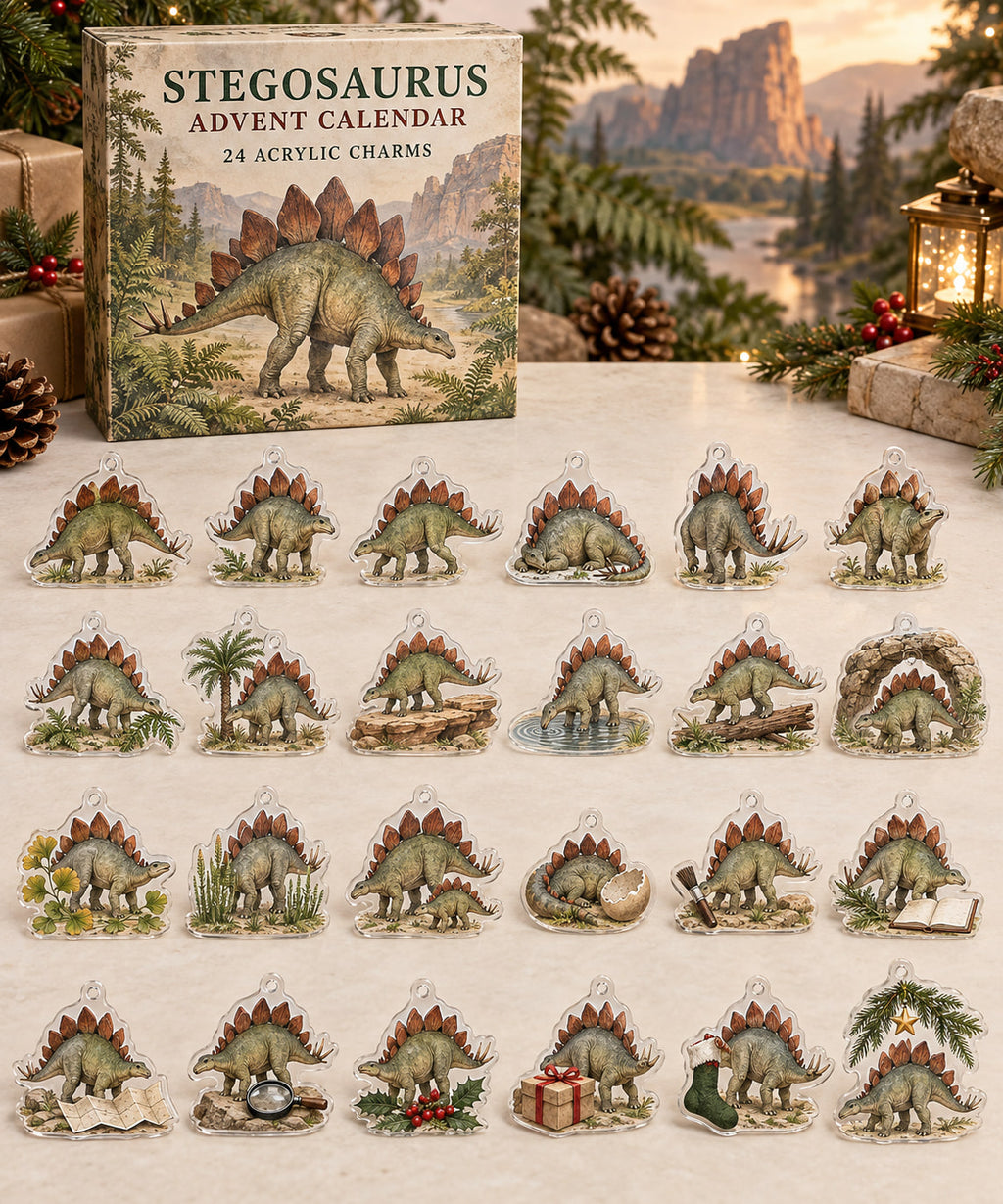 Stegosaurus advent calendar with 24 custom-shaped flat acrylic charms and printed dimensional artwork