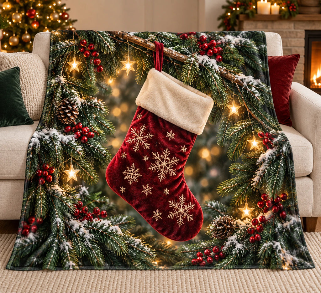 Stocking Fir Forest Fleece Throw Blanket with printed dimensional holiday artwork