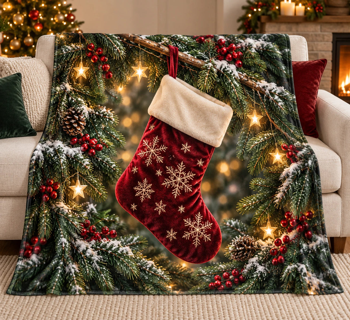 Stocking Fir Forest Fleece Throw Blanket with printed dimensional holiday artwork