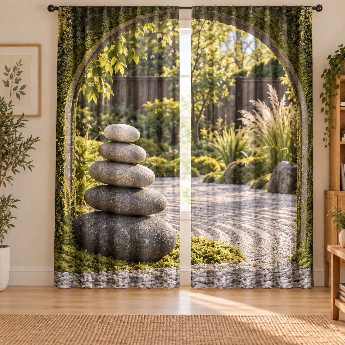 Stone Balancing Garden Window Curtain Pair with original printed optical 3D artwork