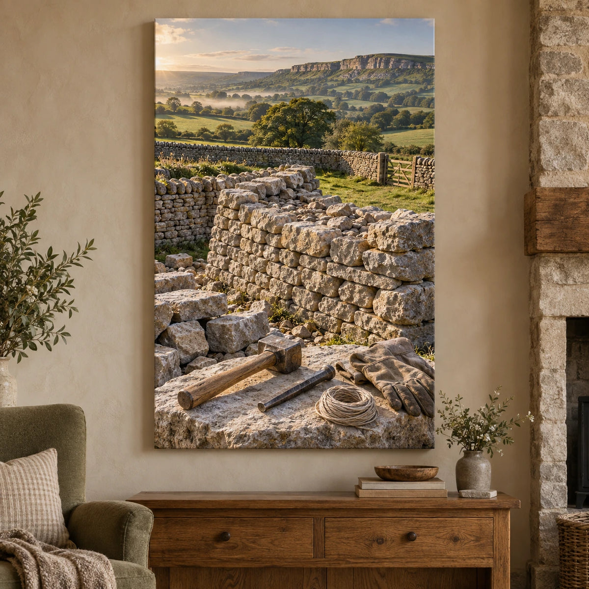 Dry stone walling tools and an unfinished countryside wall printed on stretched canvas.